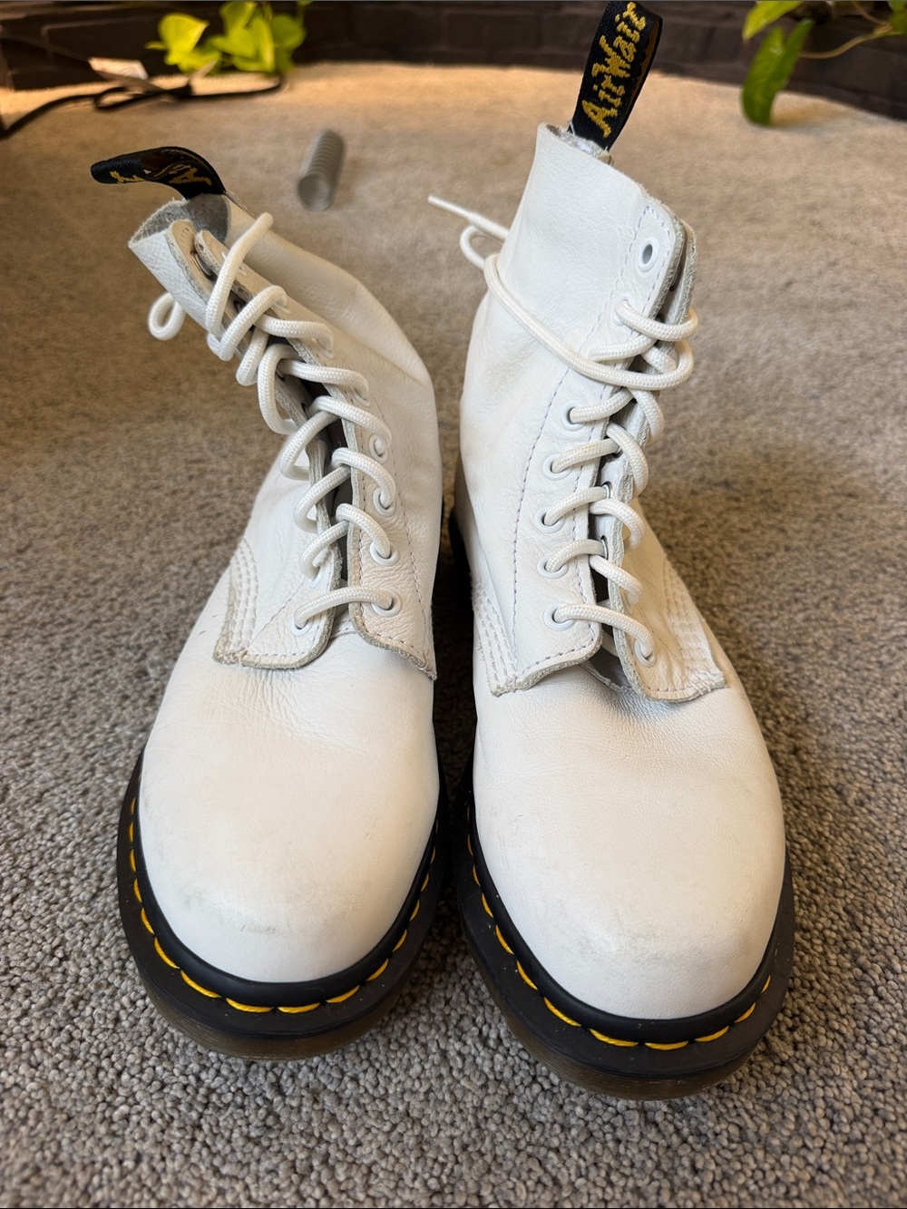 Dr. Martens White Leather Lace-Up Combat Boots with Yellow Welt Stitching